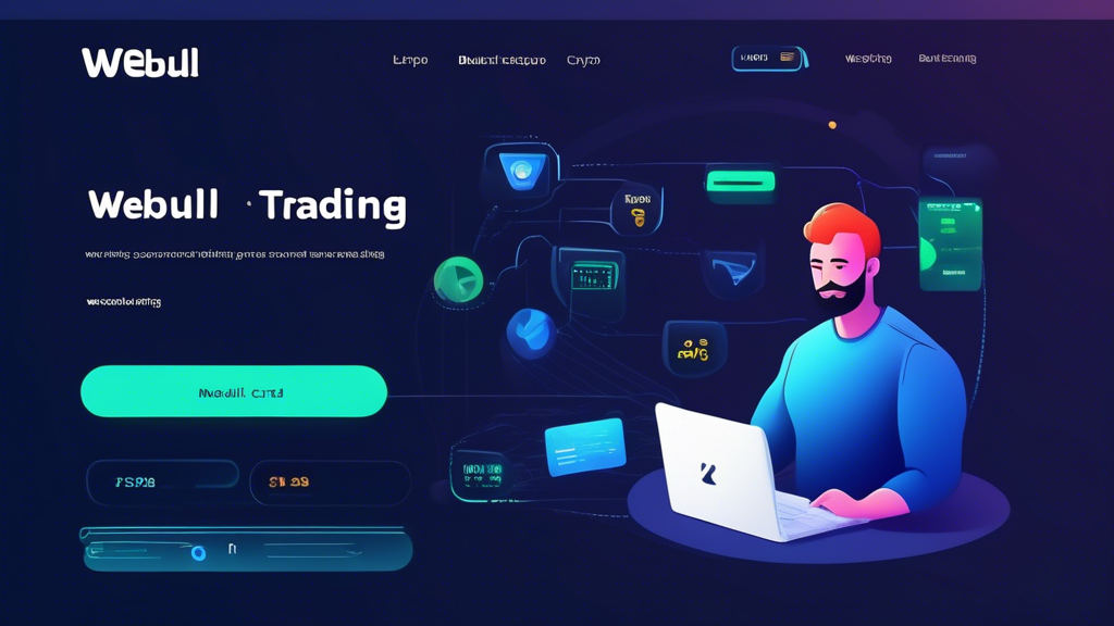 Create an image that shows a person using a laptop to set up their Webull account for crypto trading. The screen should display the Webull homepage and the steps for account registration. Include elements like a phone for the verification process, a wallet or card to signify funding the account, and a visually appealing Webull interface with crypto trading options highlighted. Background can feature modern workspace elements such as a desk, plant, and coffee cup to create a realistic and relatable setting. Keywords to include are Webull crypto.