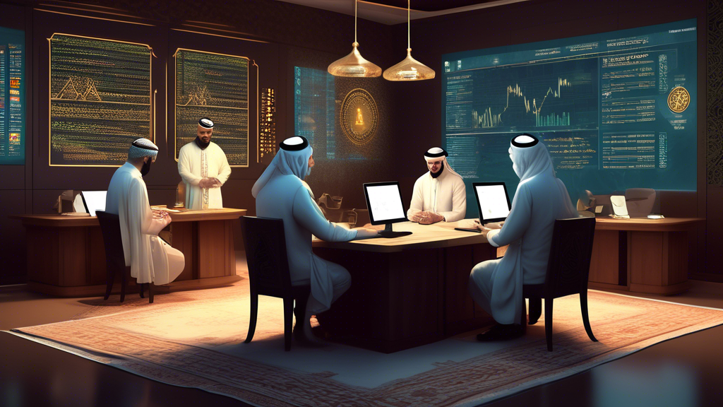 Create an image that depicts a thoughtful analysis of cryptocurrency in the context of Islamic financial principles. Show a sophisticated office setting where scholars in traditional Islamic attire and financial experts are collaborating, surrounded by digital screens displaying cryptocurrency symbols like Bitcoin and Ethereum, alongside Islamic financial terms such as 