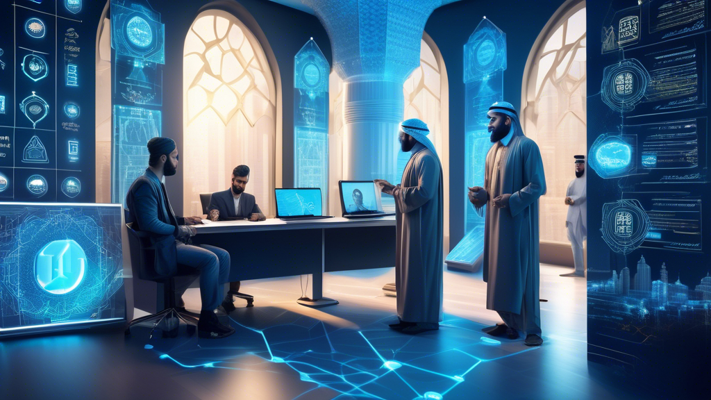 Create an image of a futuristic financial office where traditional Islamic architecture blends with advanced technological elements. In the background, depict Islamic financial experts and tech developers collaborating over holographic screens displaying blockchain networks and cryptocurrency data. Add a digital chart showing cryptocurrency trends alongside Arabic calligraphy of Islamic financial principles. Include a sense of innovation, harmony, and integration of modern technology with traditional values.