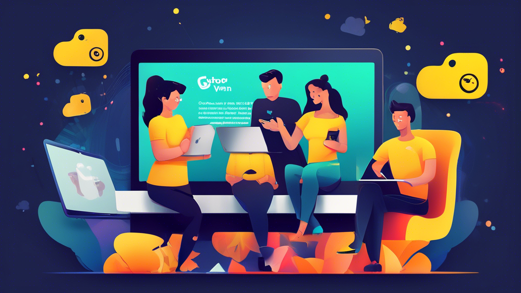 Create an image showcasing users enjoying a seamless experience with CyberGhost VPN Free Service. Illustrate happy individuals using various devices (laptops, tablets, smartphones) with CyberGhost
