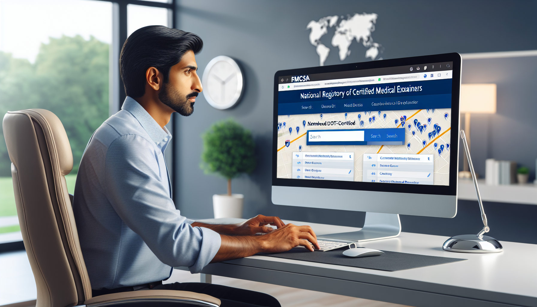 DALL-E prompt: Illustrate a detailed and informative scene showing a person using a computer to access the FMCSA