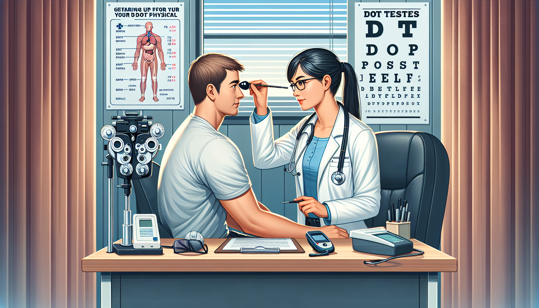 Prompt: Illustrate a calm and professional setting in a DOT medical doctor