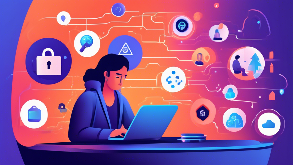 Create an image that showcases an individual making an informed decision about an online privacy protection service. The person is seen thoughtfully considering various options on a laptop screen, with icons representing factors such as VPNs, encryption, and security monitoring floating around them. The background includes abstract elements symbolizing privacy and data security, such as locks, shields, and digital padlocks. Highlight a sense of direction and precaution, aiming to reflect the process of choosing the right privacy protection service step-by-step.
