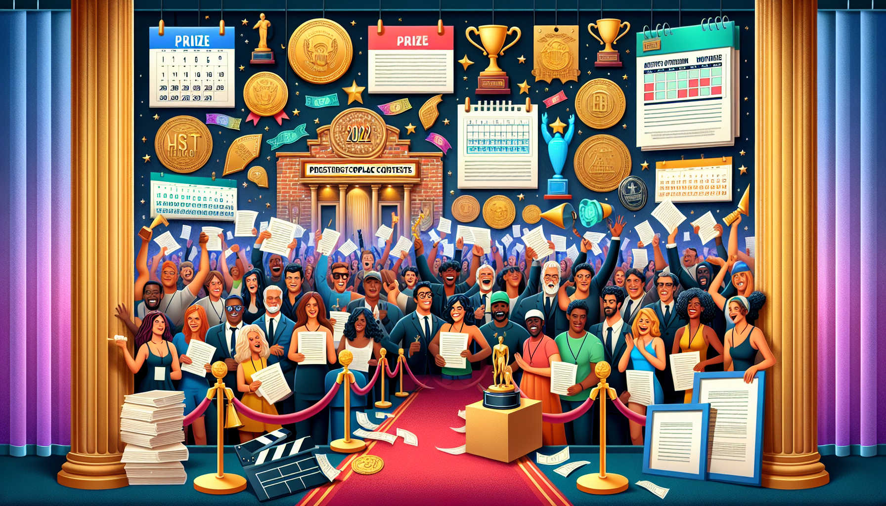 Create an image depicting a montage of prestigious screenplay contests for 2022. Feature a diverse group of happy and excited writers holding award plaques and trophies. Illustrate contest logos, entry deadline calendars, and banners displaying “Screenplay Contest 2022.” Include elements like stacks of scripts, film reels, and a red carpet to evoke the glamour and significance of these events. Highlight prize information through award ribbons and monetary symbols. Set the scene in a grand hall filled with decorations and interactive booths for networking.