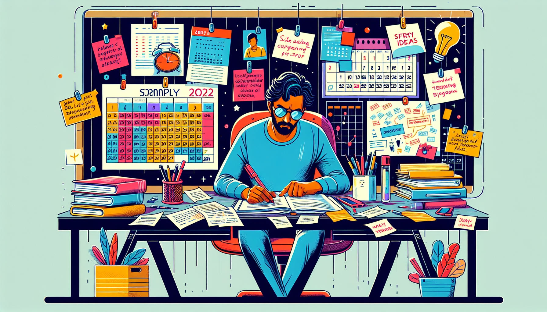 An illustration of a focused screenwriter working at a desk, surrounded by notes and drafts, with a storyboard on the wall. A calendar highlighting 2022 is visible, marked with deadlines. Around the desk, icons representing 