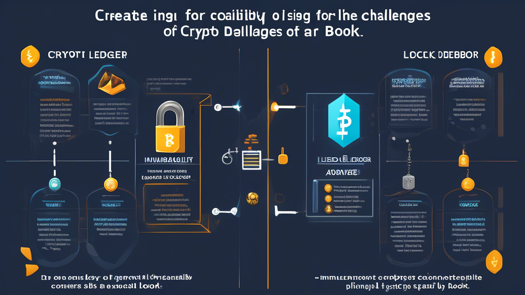 Create an image depicting the Benefits and Challenges of Using a Crypto Ledger. On one side, illustrate the key advantages such as transparency, immutability, and enhanced security, using visual metaphors like a crystal-clear chain, an unbreakable lock, and a transparent ledger book. On the other side, represent the limitations and concerns like scalability issues, energy consumption, and potential vulnerabilities with visuals like an overloaded network, a battery draining rapidly, and a shield with a few cracks. In the background, provide a futuristic setting with hints of advanced technology to symbolize the promising future of crypto ledgers.