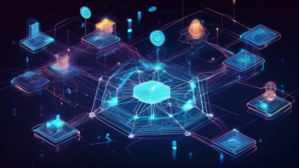 Create an image of a futuristic financial world powered by blockchain technology: digital currencies in mid-air connected by glowing nodes, representing decentralization. Smart contracts visualized as holographic screens facilitating automated, secure, and transparent transactions without intermediaries, symbolizing democratized access and reduced transaction costs. Background hints at a global interconnected network, showcasing the revolution in decentralized finance enabled by cryptocurrency.