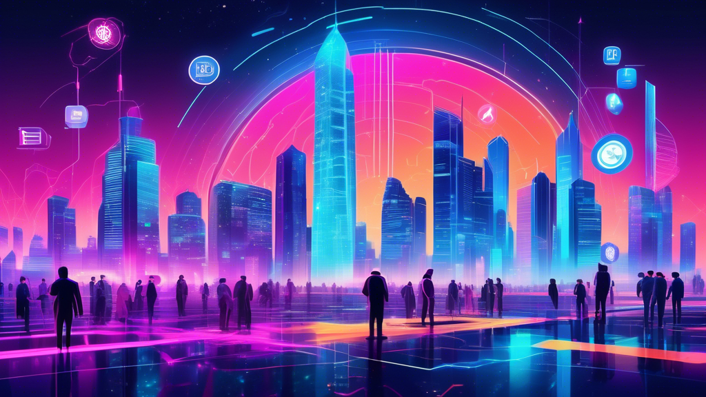 Create an image depicting a futuristic cityscape illustrating the integration of cryptocurrency and decentralized finance. Include elements such as people engaging with holographic interfaces displaying digital wallets, decentralized exchanges, and lending platforms. Highlight specific successful DeFi projects with growth metrics, showing challenges like security and regulatory barriers in the background while showcasing potential opportunities with vibrant colors symbolizing growth and innovation. Use a modern, sleek art style.