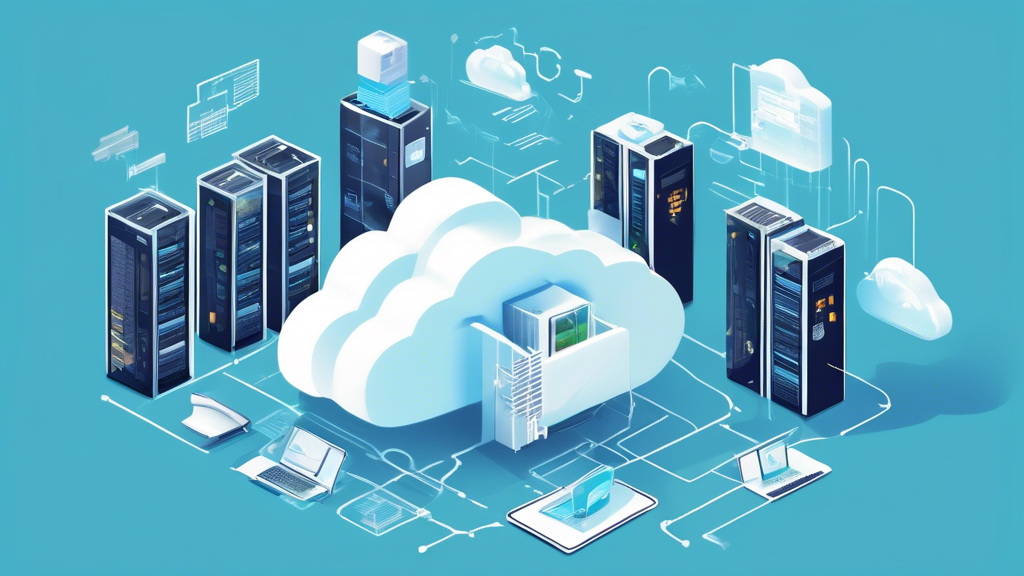 Create an image that visually represents the cost-saving benefits of cloud services for businesses. The image should depict a modern business setting where traditional IT infrastructure is being replaced by cloud solutions. Show elements like reduced hardware, maintenance costs, and energy consumption, illustrated with visual metaphors such as shrinking server rooms, diminishing energy bills, and cloud icons representing cost efficiency. Add charts or statistics in the background to emphasize the financial advantages.