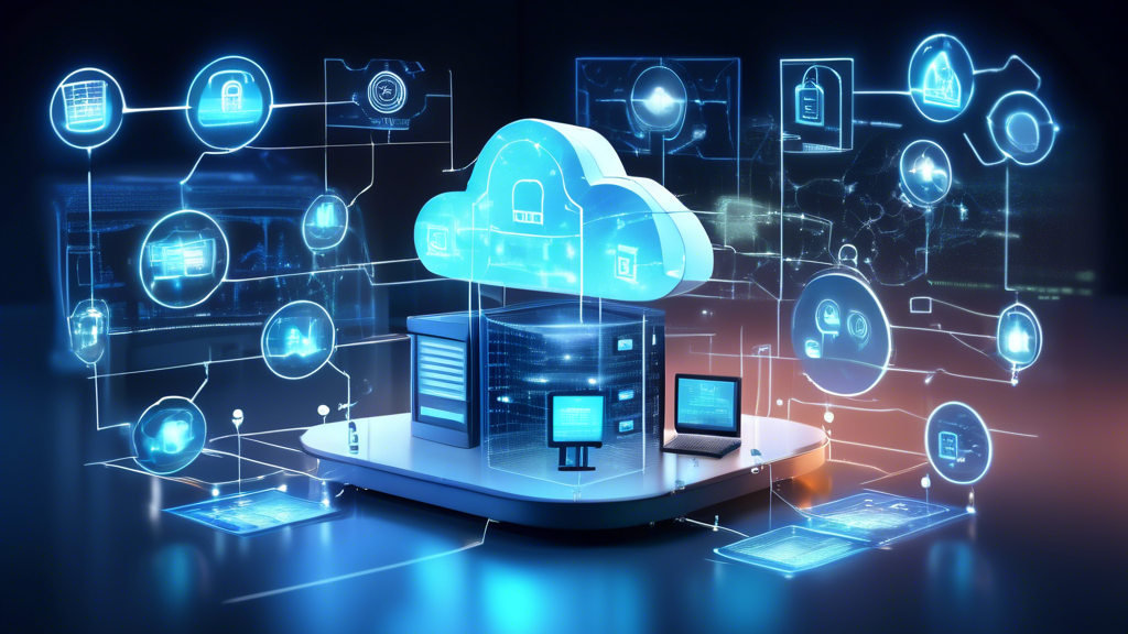 An image showcasing the advanced security measures of cloud services, illustrating a futuristic data center enveloped in a glowing, protective shield. Inside, various security icons such as padlocks, firewalls, and surveillance cameras are visible, symbolizing protection against data loss and cyberattacks. In the background, a virtual representation of regular data backup and disaster recovery processes, with holographic charts and graphs highlighting the efficiency and reliability of these systems. The overall tone should be modern, secure, and technologically advanced, reflecting the high-level protection and reassurance offered by cloud services.