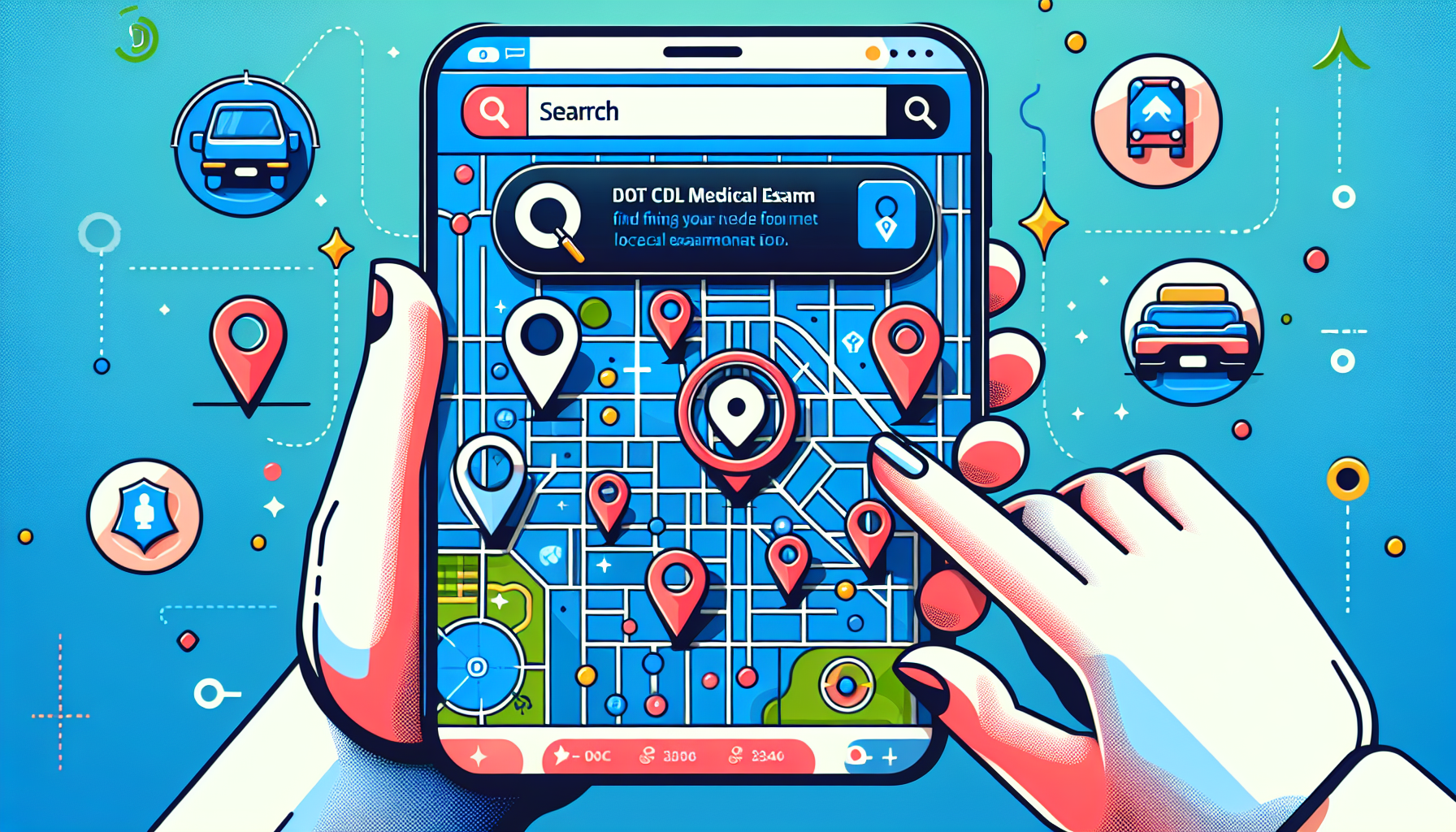 Digital map interface on a smartphone showing various points with labels indicating 