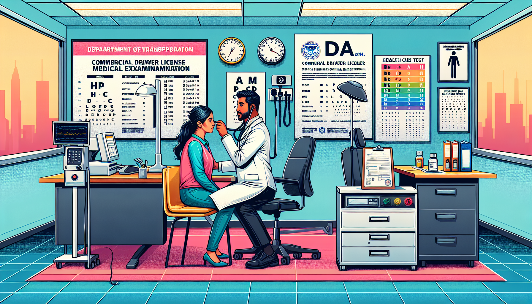 An illustration of a DOT CDL medical exam room, showing a commercial driver undergoing various health checks by a medical professional, including vision and hearing tests, with charts on the walls displaying eye and ear health guidelines. The room is equipped with medical tools like a blood pressure monitor and a stethoscope, and there are forms and documents on a table, ready to be filled out.