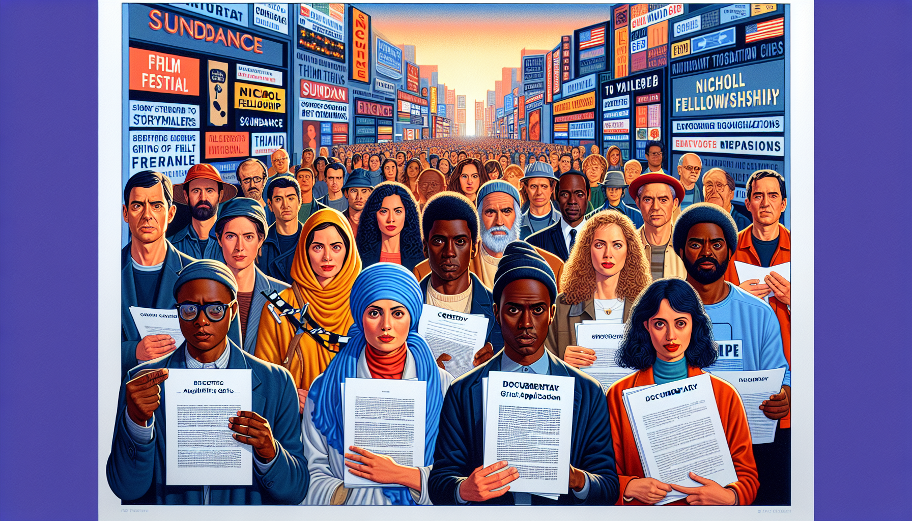 Create an image that showcases a variety of screenwriting grants available to storytellers. The image should include diverse individuals holding film scripts, representing different genres like drama, comedy, sci-fi, and documentary. In the background, illustrate significant film festivals or organizations such as Sundance, Nicholl Fellowship, and Tribeca. Add a few grant application documents with notable eligibility criteria listed, emphasizing inclusivity and different stages of script development. Use a vibrant color palette to evoke creativity and opportunity.