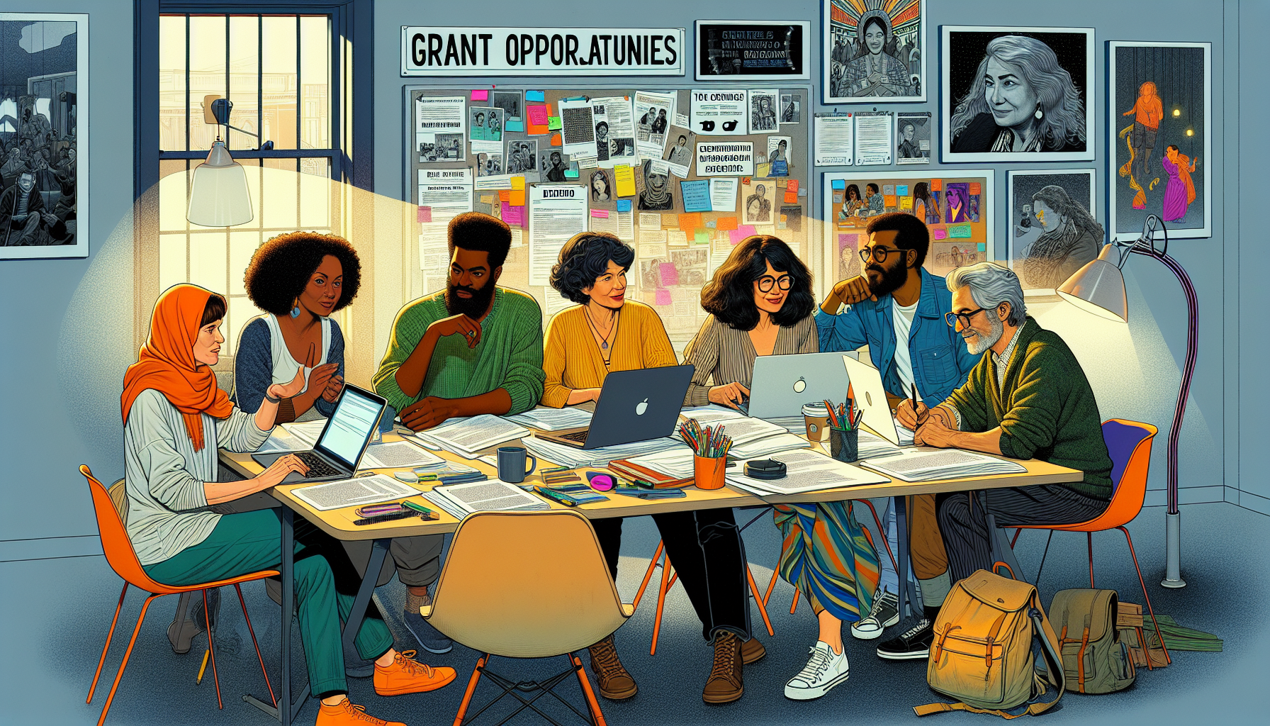 An image of a diverse group of screenwriters gathered around a table filled with grant application papers, laptops, and storyboard sketches. They are in a brightly lit, modern creative workspace, intensely focused and collaborating. The background features a bulletin board with pinned grant opportunities, deadlines, and inspirational quotes. The atmosphere is one of optimism, creativity, and determination in pursuit of screenwriting grants.