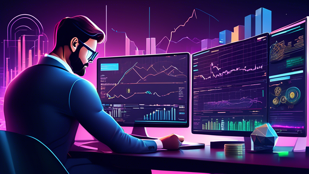 Create an image showcasing a savvy cryptocurrency investor analyzing multiple digital coins on a high-tech setup. The scene should include detailed charts, graphs, and trend lines on multiple screens. Highlight elements like blockchain technology symbols, professional investor tools, and a diverse selection of prominent and emerging cryptocurrencies. Incorporate elements of both technical and fundamental analysis to depict a comprehensive and strategic investment approach. Use a modern, vibrant color palette to convey the dynamic nature of the cryptocurrency market. Keywords: best coin to invest, cryptocurrency analysis, technical and fundamental analysis, diversified portfolio.