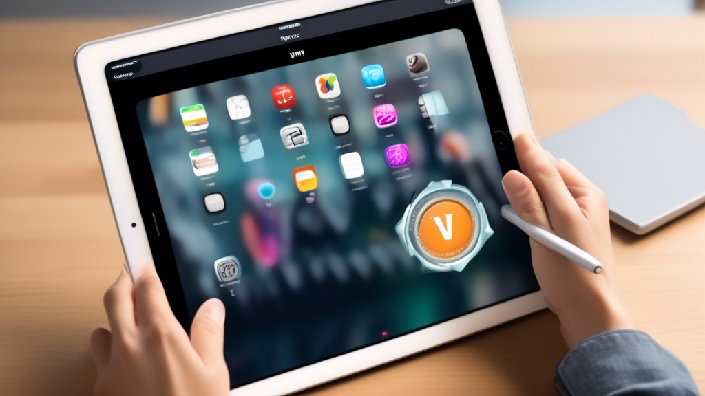 Create an image that showcases the process of setting up a VPN on an iPad. The iPad screen should display a series of steps or prompts for configuring a VPN. Include visual elements like the iPad with the iOS interface, a hand interacting with the screen, and icons or logos representing VPN features such as security shields, fast connection symbols, and privacy badges. The background should be clean and modern, emphasizing a straightforward, user-friendly experience for setting up a VPN.