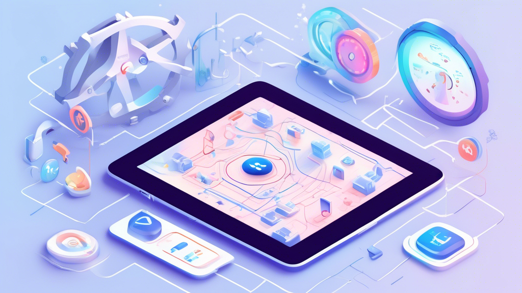 Create an image showing an iPad with a VPN app on the screen and troubleshooting icons surrounding it (like a wrench, a warning sign, and a speedometer). The background can show a network graph indicating connectivity and performance optimization. The scene should convey the theme of resolving common VPN issues and optimizing its performance on an iPad.