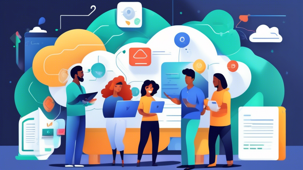 Create a high-quality digital illustration of a team of diverse professionals collaborating in real-time on a GoogleDrive document. Include visual elements that represent security and data protection, such as padlocks, shields, and secure file icons. Highlight the features of GoogleDrive: sharing, editing, and commenting, all happening seamlessly. The background can show an abstract representation of cloud storage to emphasize the digital and secure nature of the platform. Make sure to include GoogleDrive’s logo subtly within the design.
