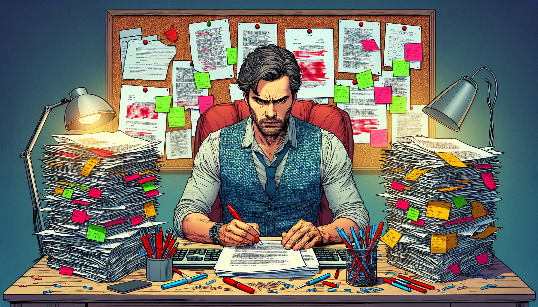 Create an image that captures the essence of revising and perfecting a film script. Depict a writer sitting at a cluttered desk with stacks of paper, red pens, and highlighted notes. Show a computer screen displaying a screenplay with visible edits, and a bulletin board behind the writer with pinned feedback notes and drafts. There