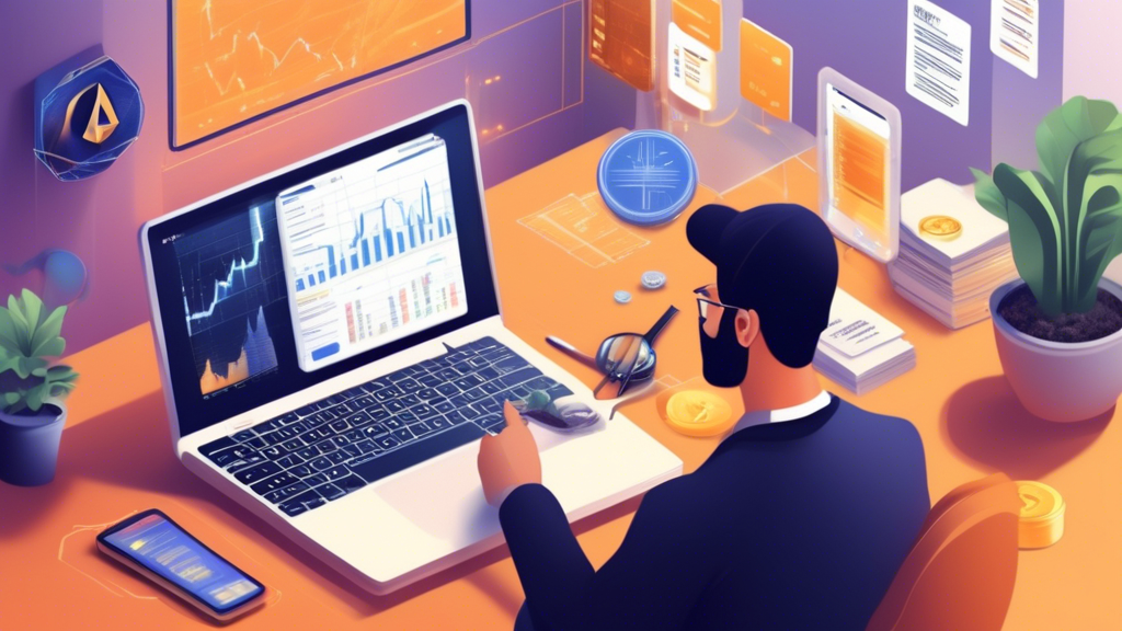 Prompt for DALL-E:

Create an image that illustrates the process of getting started with investing in crypto stocks. Show a person using a laptop or smartphone to open an investment account for crypto stocks, with screens showing crypto stock charts and data. Include elements that represent research, such as a magnifying glass over stock listings, and essential tools like books on investing and financial news articles. The background should be a modern home office or workspace setting.