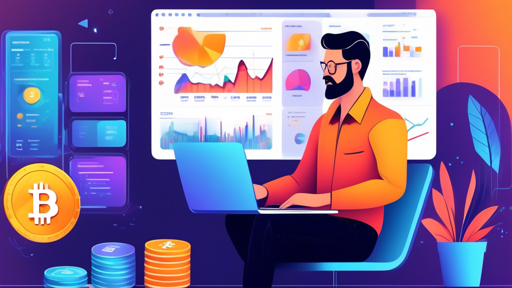 Create an illustration depicting an investor using a sophisticated crypto portfolio tracker on a laptop. The screen should display diverse cryptocurrency assets with dynamic analytics, charts, and graphs. Around the investor, show visual elements like increasing upward arrows, coins, and financial graphs to emphasize maximizing returns. The overall mood should be focused, strategic, and optimistic, reflecting growth and informed decision-making in crypto investments.