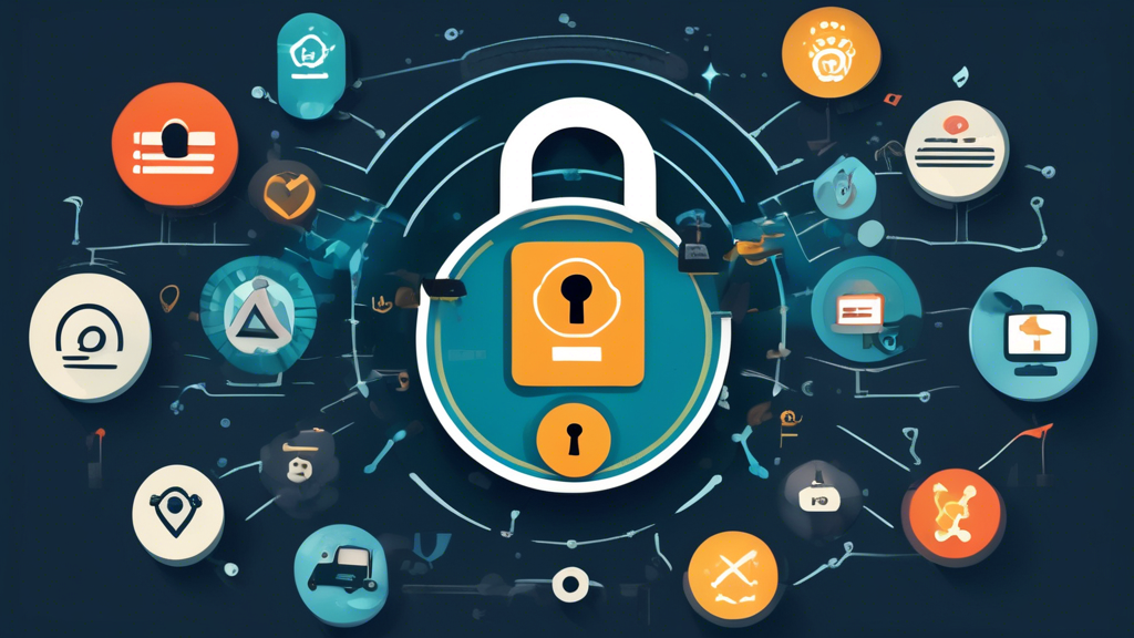 Create an image that visually represents key criteria for selecting a good VPN. The scene should include a central graphic of a padlock illustrating encryption, surrounded by icons and elements symbolizing different factors: a speedometer for connection speed, a clipboard with a checklist for no logs policy, and star ratings for user reviews. In the background, incorporate logos of well-known VPN providers subtly so they don