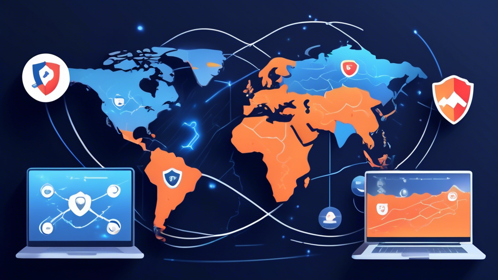 Create an image depicting a lineup of the top VPN services for optimal internet security in 2023. Arrange several VPN logos such as NordVPN, ExpressVPN, and CyberGhost in a visually appealing manner, with icons illustrating their advantages like a shield for security, lightning bolt for speed, and a lock for privacy. Include a background of a globe with digital connections to emphasize global internet security.