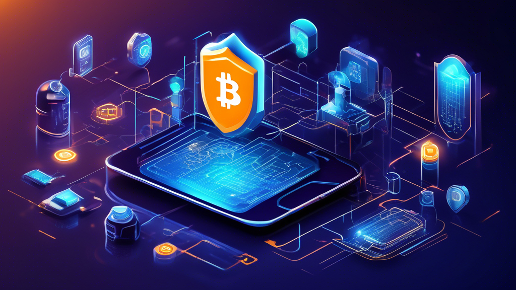 Create an image depicting various technological innovations enhancing crypto security. Include elements like blockchain advancements portrayed as interconnected data blocks, a crypto wallet with a shield signifying two-factor authentication, and AI represented by a futuristic machine learning interface detecting fraudulent activities. The background should feature a digital, high-tech ambiance to symbolize the advanced nature of these technologies in upholding cryptocurrency security.