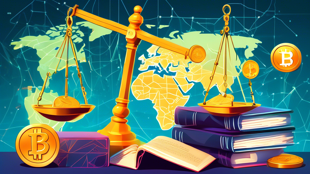 An intricately detailed illustration depicting a harmonious balance between cryptocurrency symbols like Bitcoin and Ethereum and regulatory elements such as law books, gavel, and scales of justice. The image should include a global map in the background, highlighting various countries and their respective crypto regulations. Bright and futuristic color palette to signify 
