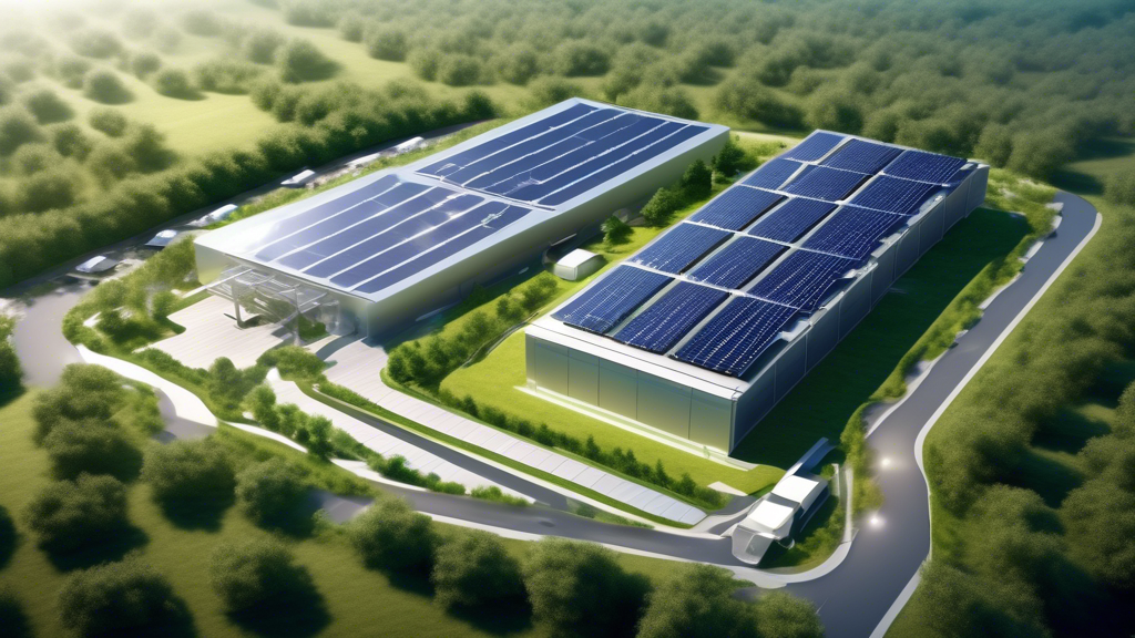 Create a vibrant and futuristic image of a state-of-the-art data center powered by renewable energy sources. Emphasize solar panels on the roof, wind turbines in the background, and lush greenery surrounding the facility to highlight sustainability. Include modern, sleek architecture with visible technology components that suggest energy efficiency. Include the OVH Cloud logo subtly integrated into the design to signify the company