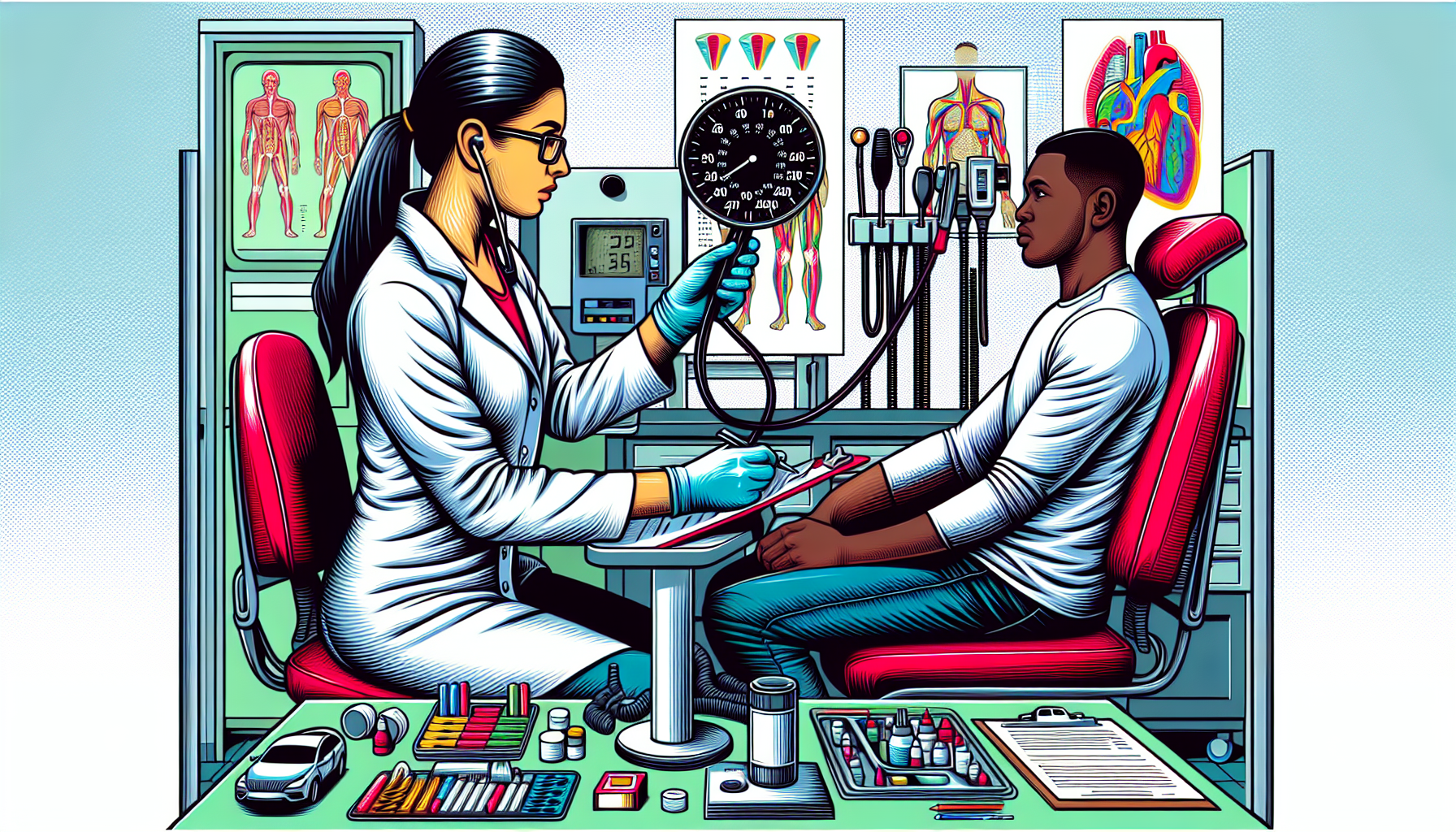 Visual representation of a commercial driver undergoing a medical examination in a clinic, showing a doctor conducting visual acuity and hearing tests, checking blood pressure, and other assessments relevant to maintaining a commercial driver