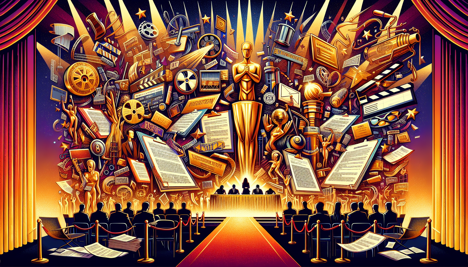 Create a vibrant and engaging illustration showcasing the excitement and prestige of participating in leading screenwriting contests. Include a collage of iconic symbols representing notable contests like the Nicholl Fellowship, Austin Film Festival, and Page International Screenwriting Awards. Show judges reviewing screenplays, golden trophies, certificates, and a red carpet. Add banners with phrases like Career Growth, Mentorships, and Script Reads to highlight the benefits of winning or placing in these contests. The background should feature a blend of cinematic elements, such as film reels, movie clappers, and spotlights.