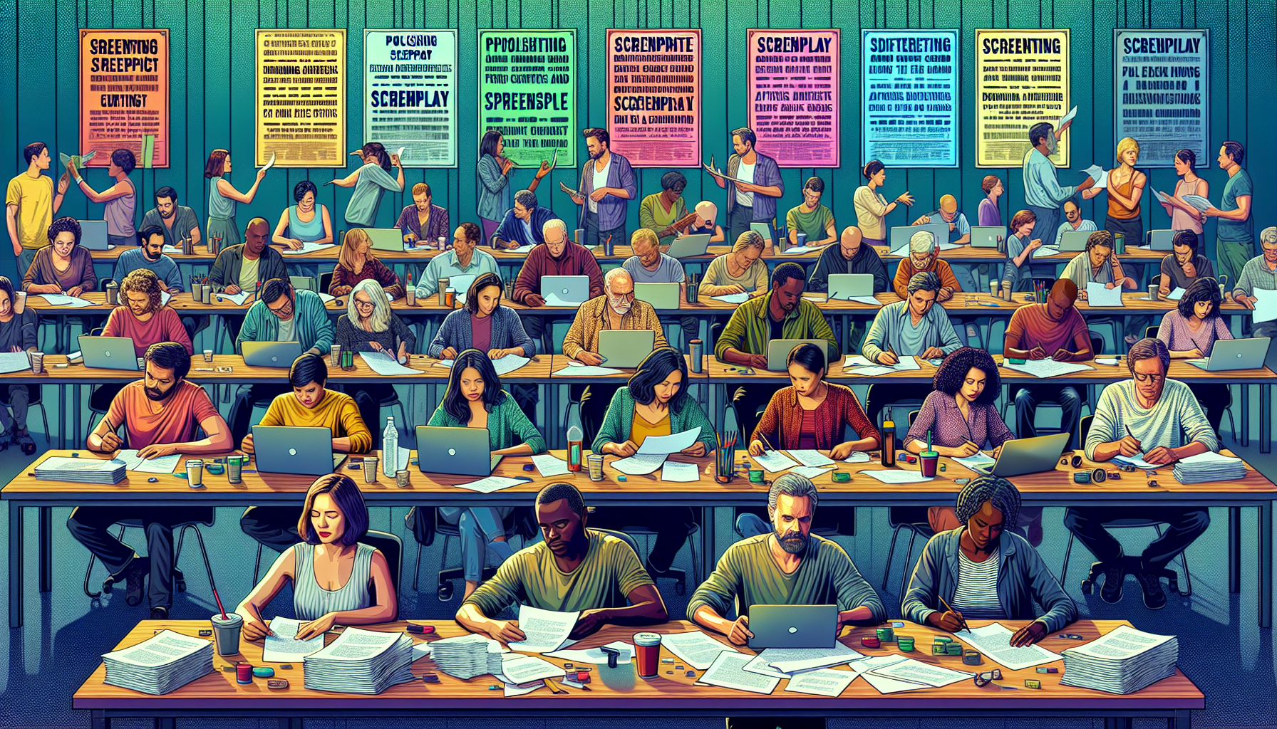 Create an image that captures a diverse group of aspiring screenwriters collaboratively working in a lively, creative workspace filled with screenplay drafts and contest entry forms scattered on the tables. The environment should exude a sense of determination and camaraderie, with individuals deeply engrossed in editing, reading, and discussing their scripts. Visual elements should also include a large bulletin board featuring posters and flyers of various top screenwriting contests like the Nicholl Fellowship, Austin Film Festival, and Page International Screenwriting Awards. Incorporate text banners that highlight key advice, such as Polish Your Screenplay, Avoid Common Pitfalls, and Stand Out from the Competition, reflecting the practical aspects of preparing and succeeding in screenwriting contests.