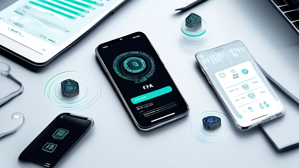 Create an image of a high-tech, secure crypto trading app interface displayed on a smartphone and laptop screen. The image should showcase robust encryption visuals, like padlocks and digital security icons, to represent data protection. Incorporate elements of two-factor authentication (such as a smartphone displaying a 2FA prompt) and add subtle icons or badges representing compliance with regulations (e.g., checkmarks, legal scales). The overall design should evoke a sense of trust and reliability, featuring a sleek, modern look with hints of technological sophistication.