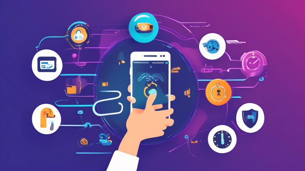 Create an image illustrating the selection criteria for the best free VPN for Android in 2023. The image should feature a smartphone with various icons around it, representing key selection criteria such as connection speed (represented by a speedometer), encryption security (represented by a padlock), ease of use (represented by a hand holding a phone with an intuitive interface), and limitations of free VPNs (represented by a warning sign and a bandwidth limit icon). The background should subtly hint at Android compatibility with the Android logo or design elements.
