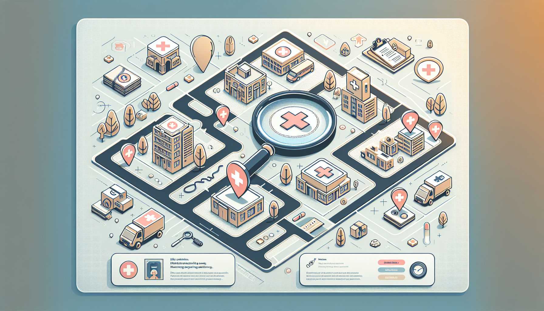 An illustrated map dotted with icons representing clinics, each icon detailed with specific features such as a medical cross, stethoscope, and a commercial truck. Highlight added layers display pop-up boxes containing user ratings, healthcare credentials, and a magnifying glass hovering over a search bar filled with the text 