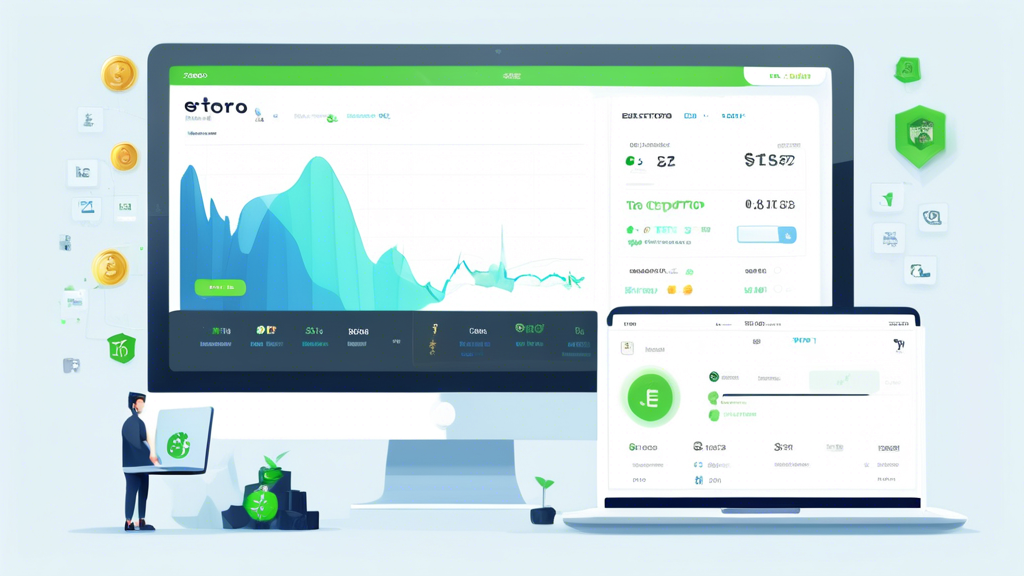 Create an image that shows a user-friendly interface of someone setting up their eToro account on a laptop. The screen should display the steps of account registration, funding the account, and accessing the crypto market. Include elements like graphs, cryptocurrency icons (Bitcoin, Ethereum, etc.), and eToro