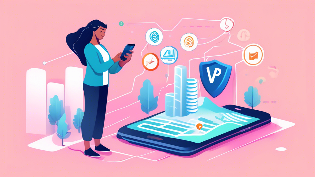 An illustration showing a person happily using their phone with a VPN app activated, while seeing fast internet speed symbols like download arrows, icons depicting cost savings such as dollar signs, and a map with reduced roaming charges indicated by crossed-out fee symbols. In the background, bar graphs are rising to represent improved performance. Keyword: VPN for phone.