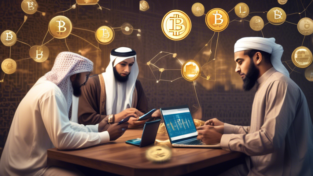 DALL-E Prompt: 

An image depicting the integration of cryptocurrency in Islamic finance, showcasing Sharia-compliant digital currency solutions. Feature a diverse group of Muslims using mobile devices and computers to access financial services. The background should include elements of blockchain technology, such as interconnected nodes. Highlight symbols of cost-efficiency, financial inclusion, and transaction transparency, such as low-cost transaction icons, inclusive financial service icons, and clear blockchain ledger graphics. Incorporate Islamic architectural motifs to underline the cultural context.