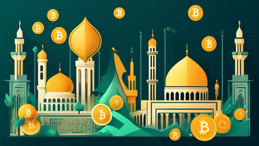 Create an image depicting challenges and concerns in integrating cryptocurrency in Islamic finance. Focus on visual elements representing regulatory hurdles, Sharia compliance, market volatility, and the ethical as well as environmental implications of cryptocurrency mining. Include symbols of Islamic finance such as mosques or Islamic geometric patterns, alongside digital currency icons, regulatory documents with scales of justice, fluctuating market graphs, and environmental degradation imagery.