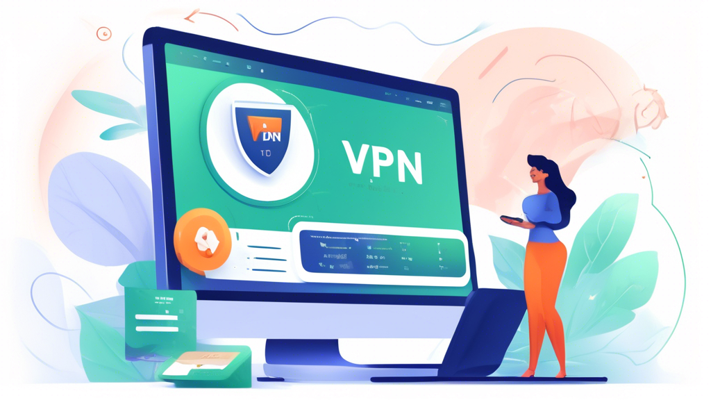 DALL-E Prompt: A detailed, easy-to-follow illustration showcasing the step-by-step procedure to purchase a VPN. The image should depict a user-friendly process on a computer screen, with clear steps labeled such as selecting a VPN provider, choosing a subscription plan, entering payment details, and downloading the software. Include visual elements like discount tags and offer notifications to highlight how users can find and apply discounts. The background should be modern and tech-savvy, hinting at an online environment with subtle icons of security and privacy.