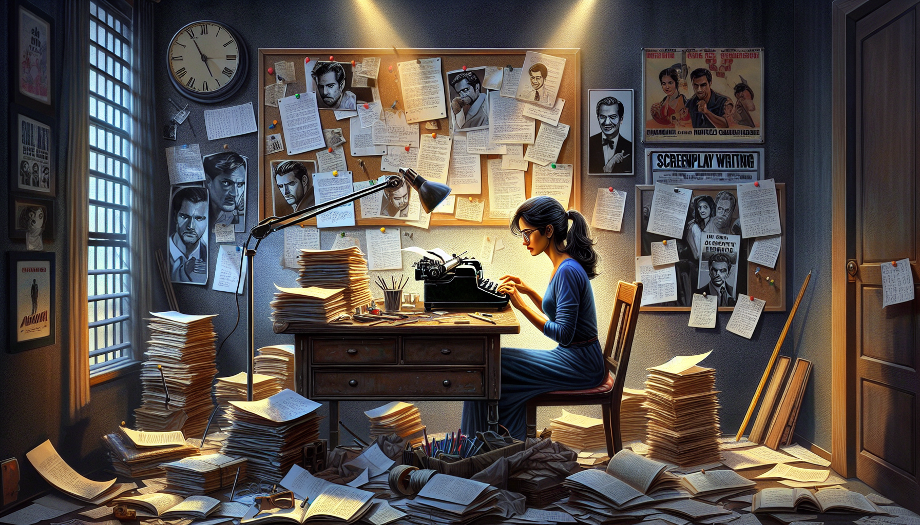 Create an image of a focused screenwriter working at a vintage typewriter, surrounded by stacks of screenplay drafts and note-filled corkboards. The room is dimly lit, illuminated by the soft glow of a desk lamp. On the desk, there are scribbled notes, character sketches, and books on screenplay writing. The background features posters of famous movies and a large wall clock, indicating the passage of time spent honing the craft. The overall atmosphere should evoke a sense of creative intensity and devotion to mastering the art of screenplay writing.