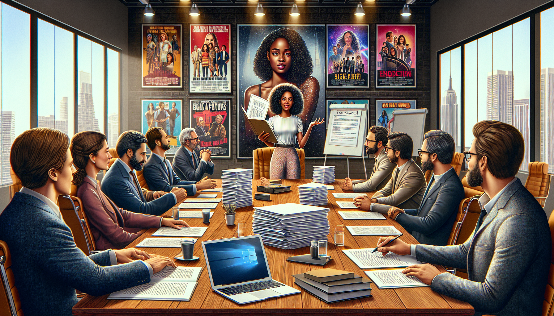 Create an image depicting a bustling film industry office where a confident writer is pitching their screenplay to a group of interested producers. The scene should include elements like stacks of screenplays, laptops, posters of blockbuster movies on the walls, and a large conference table. The writer holds a neatly bound script, looking enthusiastic, while the producers appear engaged and intrigued. Capture the atmosphere of ambition, creativity, and professionalism, emphasizing the process of pitching and selling a screenplay.