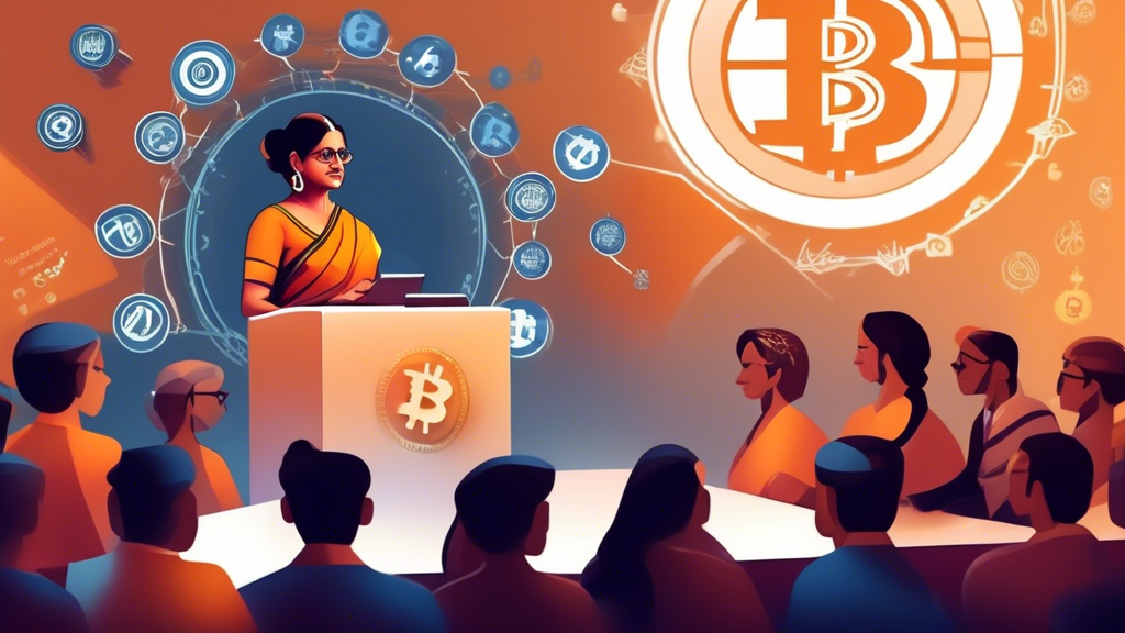 **DALL-E Prompt:**

Create an image depicting Nirmala Sitharaman presenting on a stage with visuals of cryptocurrency symbols like Bitcoin, Ethereum, etc., in the background. The scene should include a diverse group of people representing Indian investors, attentively listening and taking notes. The setting should evoke a formal seminar or conference, with infographics highlighting potential risks and opportunities of new cryptocurrency policies. Compare and contrast elements with global cryptocurrency regulations displayed in a side panel on stage.