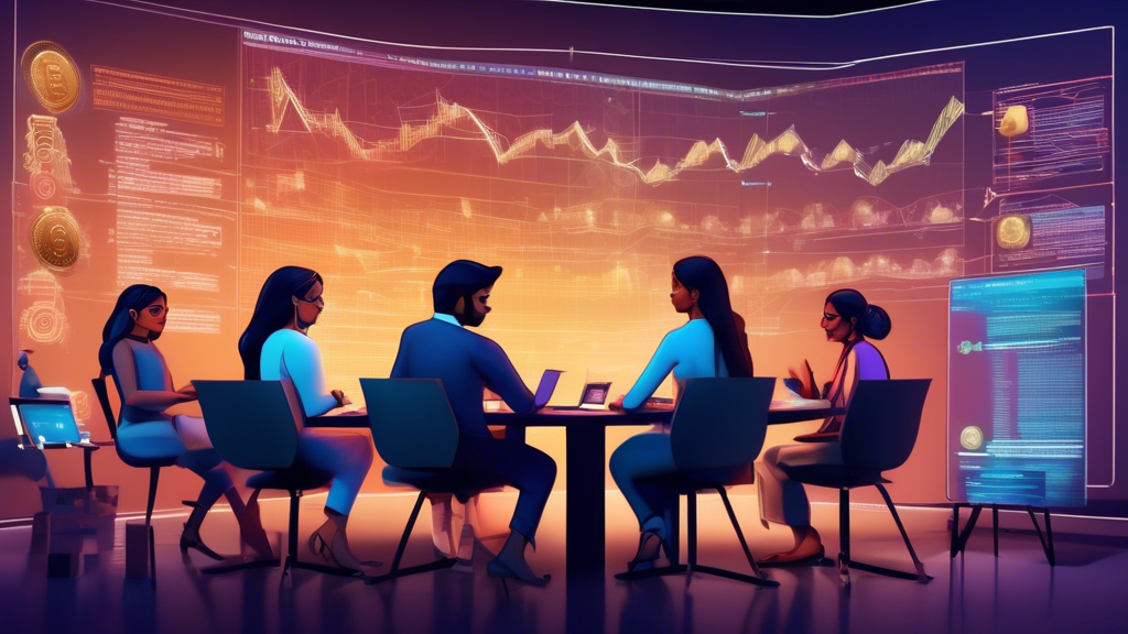 Create an image depicting an Indian cryptocurrency investor in a strategic planning session. The scene features a diverse group of individuals gathered around a table, analyzing charts and data on laptops and tablets. Prominently displayed in the background is a digital board highlighting Nirmala Sitharaman