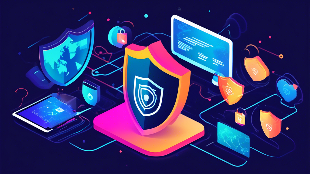 A vibrant digital illustration showcasing the benefits of using Hotspot VPN for online privacy. The image should include:

- A central shield icon representing protection against cyber threats like hackers and malware.
- Encrypted data streams surrounding the shield, symbolizing anonymity and data encryption.
- A globe with connected lines highlighting the ability to access geo-restricted content.
- Various digital devices (laptop, smartphone, tablet) connected securely to a VPN server.
- The backdrop should have icons/images that represent security, privacy, and seamless global connectivity.

Keyword: hotspot vpn.