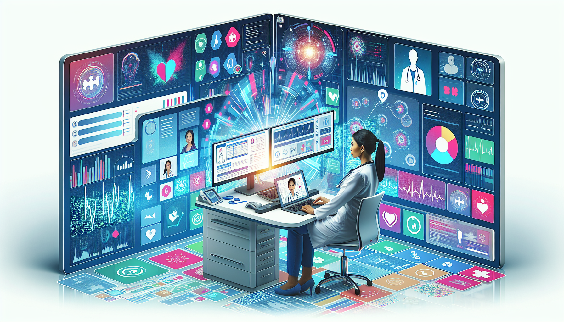 An image depicting a Dot Doctor using advanced telemedicine platforms to diagnose a patient remotely, surrounded by multiple screens displaying AI-generated diagnostics and electronic health records, with infographics showing improved clinical outcomes and patient care efficiency in the background.