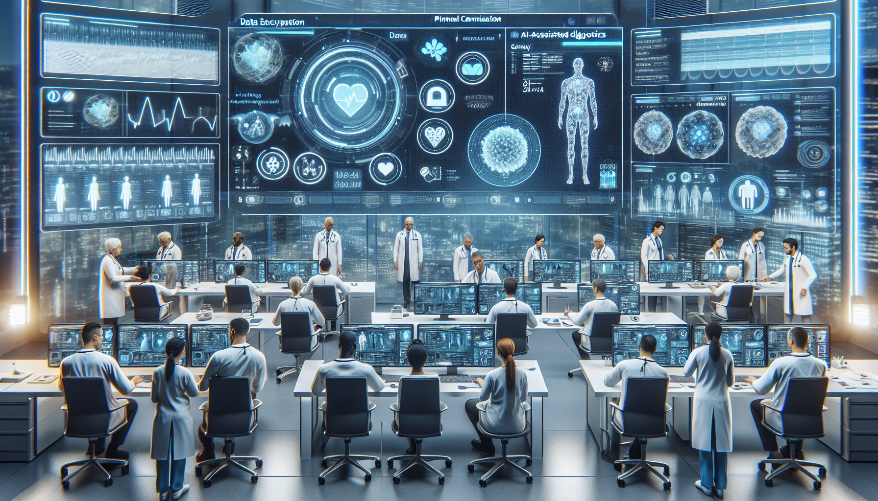 Prompt: A futuristic hospital setting displaying a group of dot doctors in a high-tech command center, collaboratively working on advanced computer systems to monitor and analyze patients