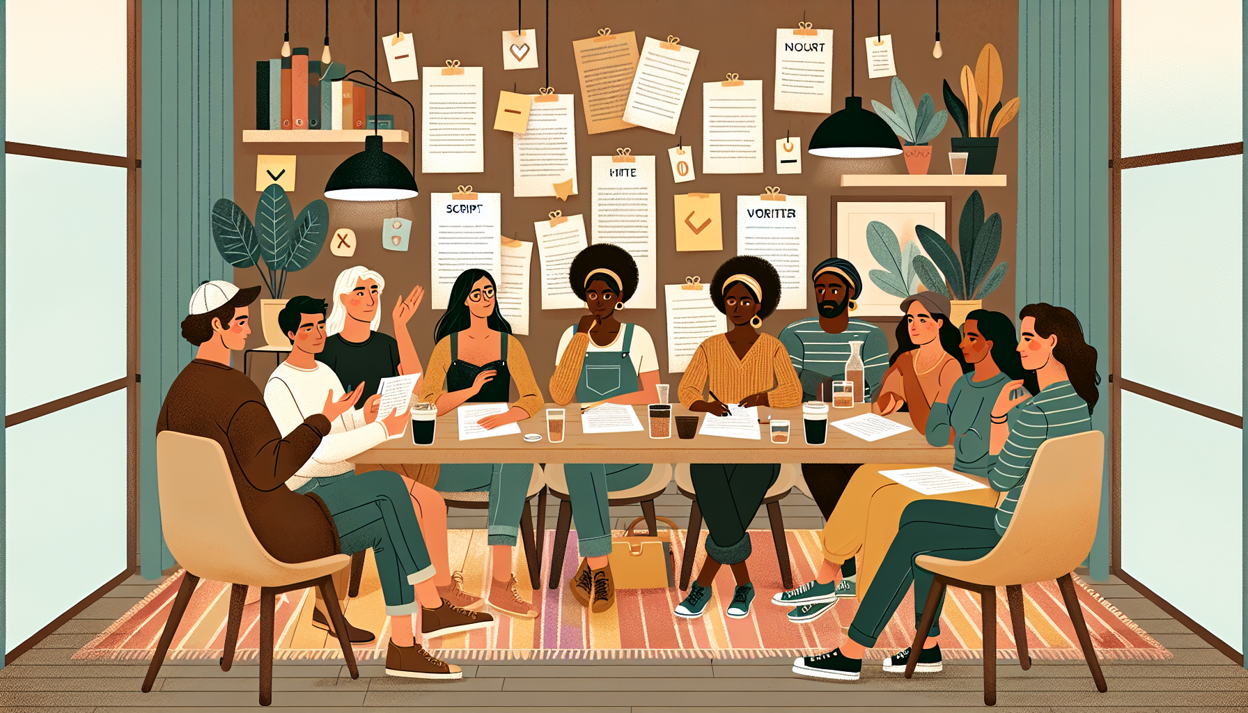 Create an image of a diverse group of individuals in a cozy, creative setting like a writer