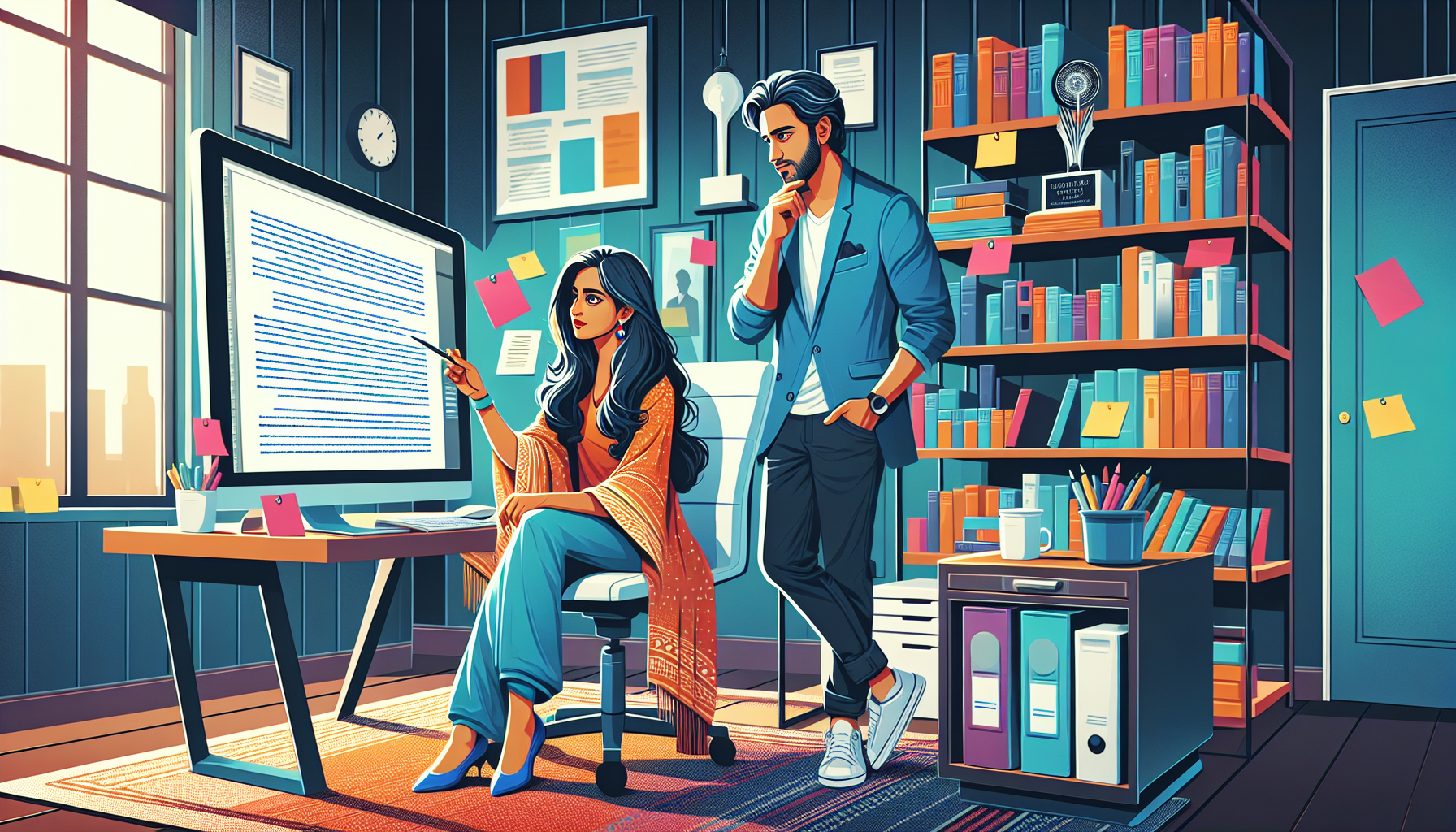 Create a DALL-E prompt using the following parameters for the image:

Illustration of a screenwriter receiving feedback in a modern office setting. The screenwriter, depicted with an open-minded and thoughtful expression, listens attentively to a professional script consultant who is pointing out changes on a large computer screen showing a screenplay. The scene is characterized by an atmosphere of collaboration and learning, with sticky notes, highlighters, and coffee cups on the desk. The background includes bookshelves filled with screenwriting books and awards, emphasizing the importance of professional insight in refining a script. The overall mood is constructive, positive, and professional.